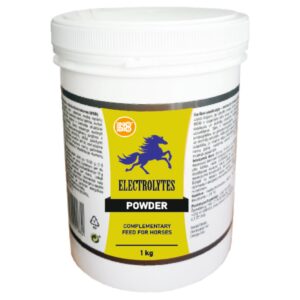 Complementary feed for horses developed to prevent consequences of an excessively low level of electrolytes such as: dehydration, fatigue, lowered immunity